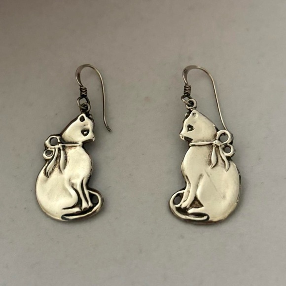 Vintage 925 Sterling Silver Cat Dangly Statement Earrings - Picture 1 of 6